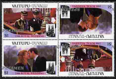 Tuvalu - Vaitupu 1986 Royal Wedding (Andrew & Fergie) $1 perf tete-beche block of 4 (2 se-tenant pairs) overprinted SPECIMEN in silver (Italic caps 26.5 x 3 mm) with overprint misplaced by 20 mm unmounted mint from Printer's uncut proof sheet