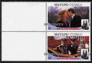 Tuvalu - Vaitupu 1986 Royal Wedding (Andrew & Fergie) $1 perf se-tenant marginal pair overprinted SPECIMEN in silver (Italic caps 26.5 x 3 mm) with overprint misplaced by 20 mm unmounted mint from Printer's uncut proof sheet
