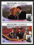 Tuvalu - Vaitupu 1986 Royal Wedding (Andrew & Fergie) $1 perf se-tenant pair overprinted SPECIMEN in silver (Italic caps 26.5 x 3 mm) with overprint inverted unmounted mint from Printer's uncut proof sheet