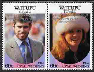 Tuvalu - Vaitupu 1986 Royal Wedding (Andrew & Fergie) 60c with 'Congratulations' opt in silver,se-tenant pair with overprint inverted unmounted mint from Printer's uncut proof sheet
