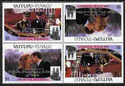 Tuvalu - Vaitupu 1986 Royal Wedding (Andrew & Fergie) $1 with 'Congratulations' opt in silver in unissued perf tete-beche block of 4 (2 se-tenant pairs) unmounted mint from Printer's uncut proof sheet