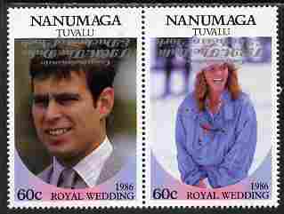 Tuvalu - Nanumaga 1986 Royal Wedding (Andrew & Fergie) 60c with 'Congratulations' opt in silver,se-tenant pair with overprint inverted unmounted mint from Printer's uncut proof sheet