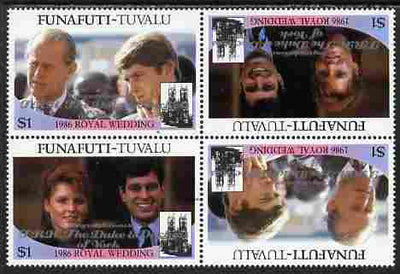 Tuvalu - Funafuti 1986 Royal Wedding (Andrew & Fergie) $1 with 'Congratulations' opt in silver in unissued perf tete-beche block of 4 (2 se-tenant pairs) unmounted mint from Printer's uncut proof sheet