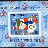 Philippines 1968,Mexico Olympic Games unissued 10c imperf m/sheet showing flags & Scout emblem unmounted mint