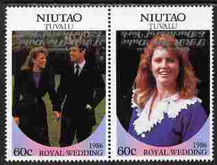 Tuvalu - Niutao 1986 Royal Wedding (Andrew & Fergie) 60c with 'Congratulations' opt in silver,se-tenant pair with overprint inverted unmounted mint from Printer's uncut proof sheet