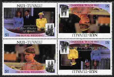 Tuvalu - Nui 1986 Royal Wedding (Andrew & Fergie) $1 with 'Congratulations' opt in silver in unissued perf tete-beche block of 4 (2 se-tenant pairs) unmounted mint from Printer's uncut proof sheet
