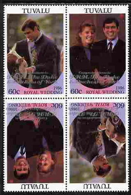 Tuvalu 1986 Royal Wedding (Andrew & Fergie) 60c with 'Congratulations' opt in silver in unissued perf tete-beche block of 4 (2 se-tenant pairs) unmounted mint from Printer's uncut proof sheet