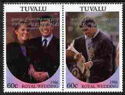 Tuvalu 1986 Royal Wedding (Andrew & Fergie) 60c with 'Congratulations' opt in silver se-tenant pair with overprint inverted unmounted mint from Printer's uncut proof sheet