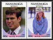 Tuvalu - Nanumaga 1986 Royal Wedding (Andrew & Fergie) 60c with 'Congratulations' opt in gold se-tenant pair with overprint inverted unmounted mint from Printer's uncut proof sheet