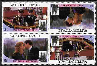 Tuvalu - Vaitupu 1986 Royal Wedding (Andrew & Fergie) $1 with 'Congratulations' opt in gold in unissued perf tete-beche block of 4 (2 se-tenant pairs) unmounted mint from Printer's uncut proof sheet
