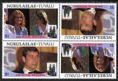 Tuvalu - Nukulaelae 1986 Royal Wedding (Andrew & Fergie) $1 with 'Congratulations' opt in gold in unissued perf tete-beche block of 4 (2 se-tenant pairs) unmounted mint from Printer's uncut proof sheet