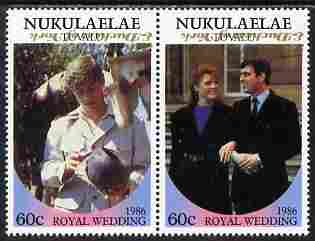 Tuvalu - Nukulaelae 1986 Royal Wedding (Andrew & Fergie) 60c with 'Congratulations' opt in gold se-tenant pair with overprint inverted unmounted mint from Printer's uncut proof sheet