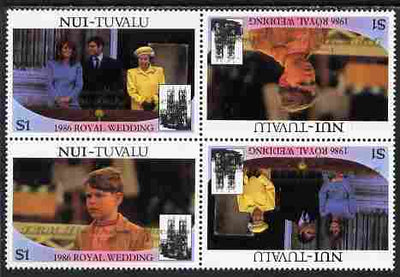 Tuvalu - Nui 1986 Royal Wedding (Andrew & Fergie) $1 with 'Congratulations' opt in gold in unissued perf tete-beche block of 4 (2 se-tenant pairs) unmounted mint from Printer's uncut proof sheet