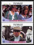 Tuvalu 1986 Royal Wedding (Andrew & Fergie) $1 with 'Congratulations' opt in gold se-tenant pair with overprint inverted and misplaced unmounted mint from Printer's uncut proof sheet