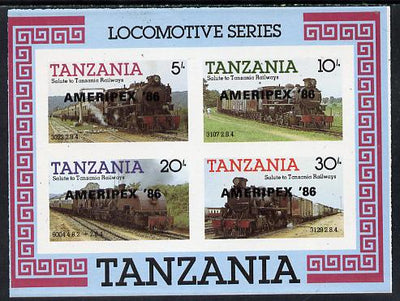 Tanzania 1986 Railways imperf m/sheet (as SG MS 434) overprinted 'AMERIPEX '86' in black, unmounted mint