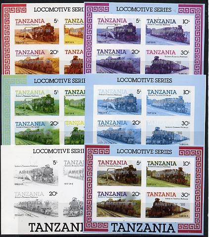Tanzania 1986 Locomotives m/sheet (as SG MS 434) unmounted mint imperf set of 6 progressive colour proofs each with 'AMERIPEX 86' opt in silver
