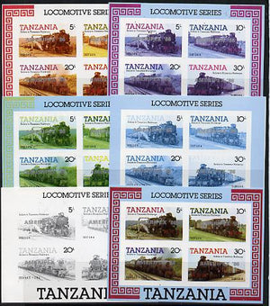 Tanzania 1986 Locomotives m/sheet (as SG MS 434) unmounted mint imperf set of 6 progressive colour proofs each with 'AMERIPEX 86' opt in silver