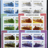 Tanzania 1986 Locomotives m/sheet (as SG MS 434) unmounted mint imperf set of 6 progressive colour proofs each with 'AMERIPEX 86' opt in gold