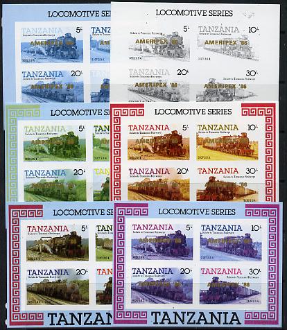 Tanzania 1986 Locomotives m/sheet (as SG MS 434) unmounted mint imperf set of 6 progressive colour proofs each with 'AMERIPEX 86' opt in gold
