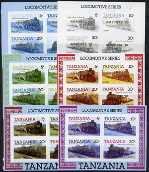 Tanzania 1986 Locomotives m/sheet (as SG MS 434) unmounted mint imperf set of 6 progressive colour proofs each with 'AMERIPEX 86' opt in gold