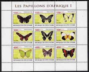 Ivory Coast 2009 Butterflies of Africa #1 perf sheetlet containing 9 values unmounted mint