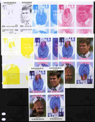 Tuvalu - Nanumaga 1986 Royal Wedding (Andrew & Fergie) 60c tete-beche se-tenant block of 4 - set of 7 imperf progressive proofs comprising the 4 individual colours plus 2, 3 and all 4 colour composites unmounted mint (7 tete-beche……Details Below