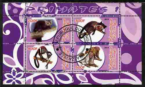 Congo 2010 Primates #1 perf sheetlet containing 4 values fine cto used