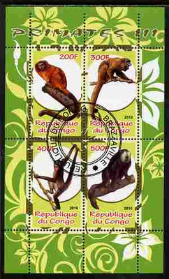 Congo 2010 Primates #3 perf sheetlet containing 4 values fine cto used