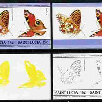 St Lucia 1985 Butterflies (Leaders of the World) 15c se-tenant pair - the set of 4 imperf progressive proofs comprising 2 individual colours plus,3 and all 4-colour composite, unmounted mint as SG 781a