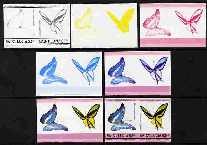 St Lucia 1985 Butterflies (Leaders of the World) $2.25 se-tenant pair - the set of 7 imperf progressive proofs comprising the 4 individual colours plus 2, 3 and all 4-colour composite, unmounted mint as SG 787a