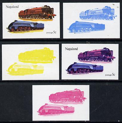 Nagaland 1974 Locomotives 5c (LMS & LNER) set of 5 imperf progressive colour proofs comprising 3 individual colours (red, blue & yellow) plus 3 and all 4-colour composites unmounted mint