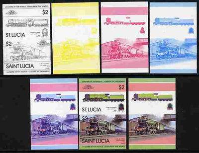 St Lucia 1983 Locomotives #1 (Leaders of the World) $2 Flying Scotsman se-tenant pair - the set of 7 imperf progressive proofs comprising the 4 individual colours plus 2, 3 and all 4-colour composite, unmounted mint as SG 663a