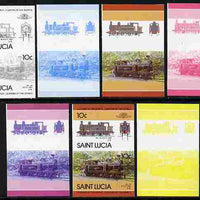 St Lucia 1985 Locomotives #4 (Leaders of the World) 10c '0-6-2 Tank' se-tenant pair - the set of 7 imperf progressive proofs comprising the 4 individual colours plus 2, 3 and all 4-colour composite, unmounted mint as SG 824a