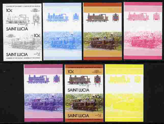 St Lucia 1985 Locomotives #4 (Leaders of the World) 10c '0-6-2 Tank' se-tenant pair - the set of 7 imperf progressive proofs comprising the 4 individual colours plus 2, 3 and all 4-colour composite, unmounted mint as SG 824a