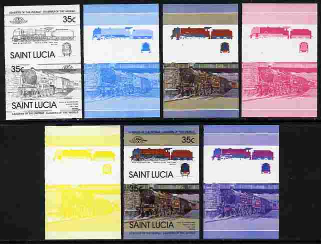 St Lucia 1983 Locomotives #1 (Leaders of the World) 35c Duke of Sutherland se-tenant - the set of 7 imperf progressive proofs comprising the 4 individual colours plus 2, 3 and all 4-colour composite, unmounted mint as SG 651a