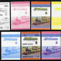 St Lucia 1985 Locomotives #4 (Leaders of the World) 30c 'Class M 4-4-0' se-tenant pair - the set of 7 imperf progressive proofs comprising the 4 individual colours plus 2, 3 and all 4-colour composite, unmounted mint as SG 826a
