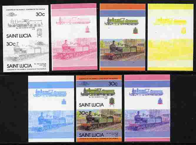 St Lucia 1985 Locomotives #4 (Leaders of the World) 30c 'Class M 4-4-0' se-tenant pair - the set of 7 imperf progressive proofs comprising the 4 individual colours plus 2, 3 and all 4-colour composite, unmounted mint as SG 826a