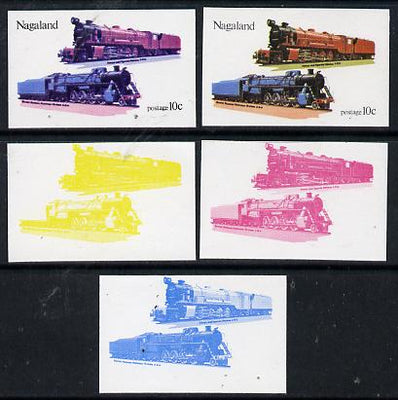 Nagaland 1974 Locomotives 10c (Kenyan & Ugandan) set of 5 imperf progressive colour proofs comprising 3 individual colours (red, blue & yellow) plus 3 and all 4-colour composites unmounted mint