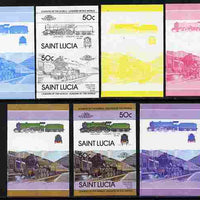 St Lucia 1983 Locomotives #1 (Leaders of the World) 50c Class B17/4 Leeds United se-tenant pair - the set of 7 imperf progressive proofs comprising the 4 individual colours plus 2, 3 and all 4-colour composite, unmounted mint as SG 657a