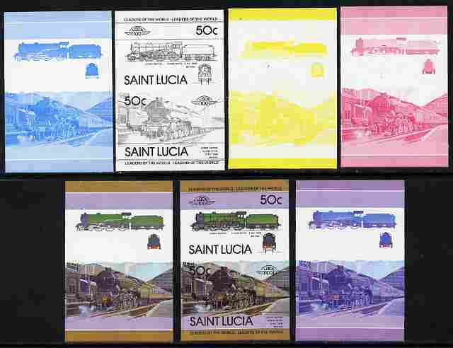 St Lucia 1983 Locomotives #1 (Leaders of the World) 50c Class B17/4 Leeds United se-tenant pair - the set of 7 imperf progressive proofs comprising the 4 individual colours plus 2, 3 and all 4-colour composite, unmounted mint as SG 657a