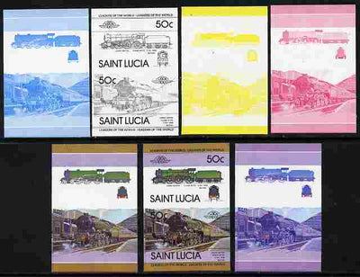 St Lucia 1983 Locomotives #1 (Leaders of the World) 50c Class B17/4 Leeds United se-tenant pair - the set of 7 imperf progressive proofs comprising the 4 individual colours plus 2, 3 and all 4-colour composite, unmounted mint as SG 657a