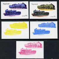 Nagaland 1974 Locomotives 15c (Egyptian) set of 5 imperf progressive colour proofs comprising 3 individual colours (red, blue & yellow) plus 3 and all 4-colour composites unmounted mint