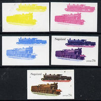 Nagaland 1974 Locomotives 25c (Indian) set of 5 imperf progressive colour proofs comprising 3 individual colours (red, blue & yellow) plus 3 and all 4-colour composites unmounted mint