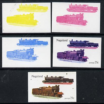Nagaland 1974 Locomotives 25c (Indian) set of 5 imperf progressive colour proofs comprising 3 individual colours (red, blue & yellow) plus 3 and all 4-colour composites unmounted mint