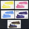 Nagaland 1974 Locomotives 30c (Chinese) set of 5 imperf progressive colour proofs comprising 3 individual colours (red, blue & yellow) plus 3 and all 4-colour composites unmounted mint