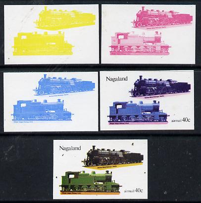 Nagaland 1974 Locomotives 40c (German) set of 5 imperf progressive colour proofs comprising 3 individual colours (red, blue & yellow) plus 3 and all 4-colour composites unmounted mint