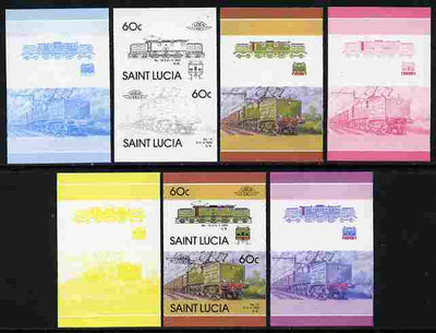 St Lucia 1986 Locomotives #5 (Leaders of the World) 60c No.13 Electric Loco se-tenant pair - the set of 7 imperf progressive proofs comprising the 4 individual colours plus 2, 3 and all 4-colour composite, unmounted mint as SG 864a