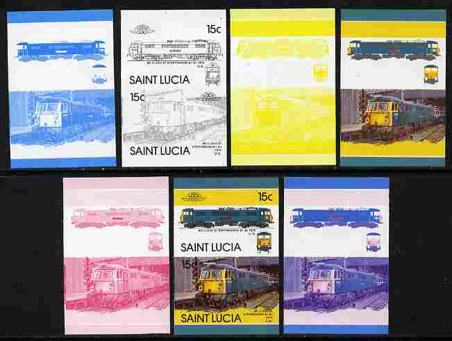 St Lucia 1986 Locomotives #5 (Leaders of the World) 15c Stephenson Electric Loco se-tenant pair - the set of 7 imperf progressive proofs comprising the 4 individual colours plus 2, 3 and all 4-colour composite, unmounted mint as SG 860a
