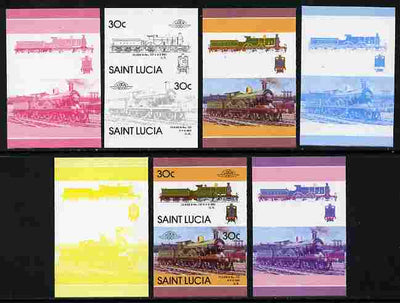 St Lucia 1986 Locomotives #5 (Leaders of the World) 30c Class D 4-4-0 No.737 se-tenant pair - the set of 7 imperf progressive proofs comprising the 4 individual colours plus 2, 3 and all 4-colour composite, unmounted mint as SG 862a