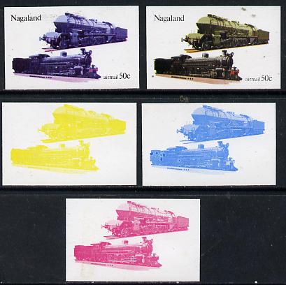 Nagaland 1974 Locomotives 50c (Rhodesia) set of 5 imperf progressive colour proofs comprising 3 individual colours (red, blue & yellow) plus 3 and all 4-colour composites unmounted mint